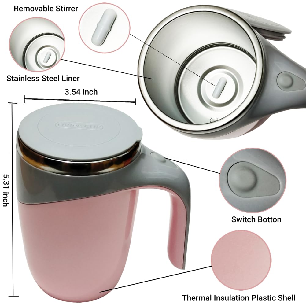 Automatic Magnetic Stirring Coffee Mug, Rotating Home Office Travel Mixing Cup, Funny Electric Stainless Steel Self Mixing Coffee Tumbler, for Coffee, Milk, Cocoa, Tea, Beverages, Gift, Pink