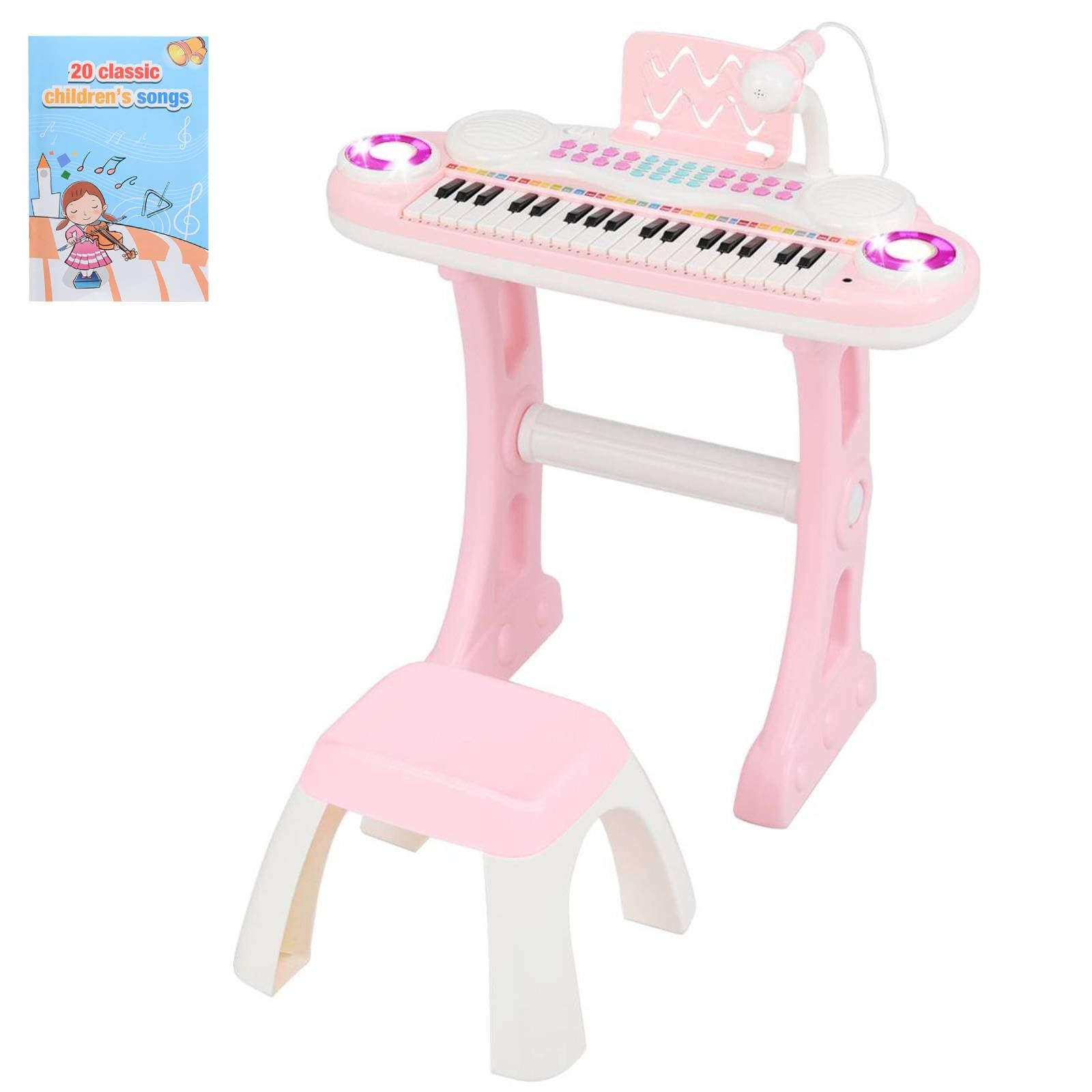 GYMAX 37 Keys Kids Electronic Piano With Detachable Legs, Microphone, Music Score, Record & Playback, Mini Keyboard With Rectangular Stool for Girls Boys (Pink)