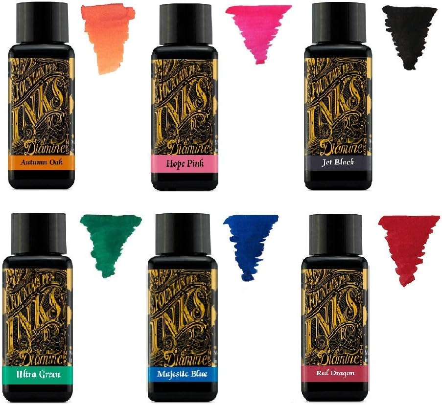 Diamine - 30ml Fountain Pen Ink - Color Wheel - 6 Pack - Autumn Oak, Hope Pink, Jet Black, Ultra Green, Majestic Blue, Red Dragon