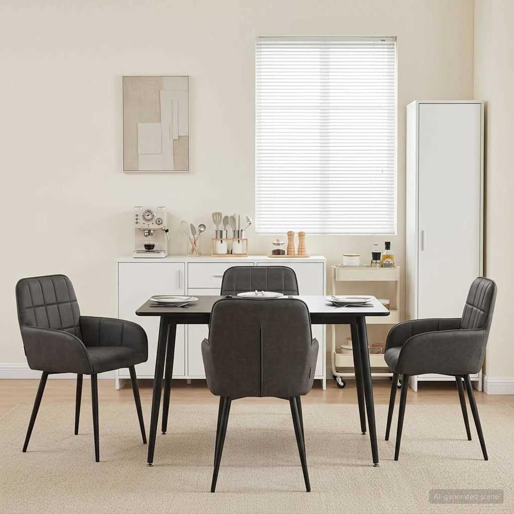 Krzesła do jadalni, zestaw 4 sztuk, kolor czarny, sztuczna skóra, 57 x 50 x 85 cm, z metalowym stelażem, ergonomicznym oparciem, podłokietnikami, wyściełane, nowoczesne wzornictwo, stabilne