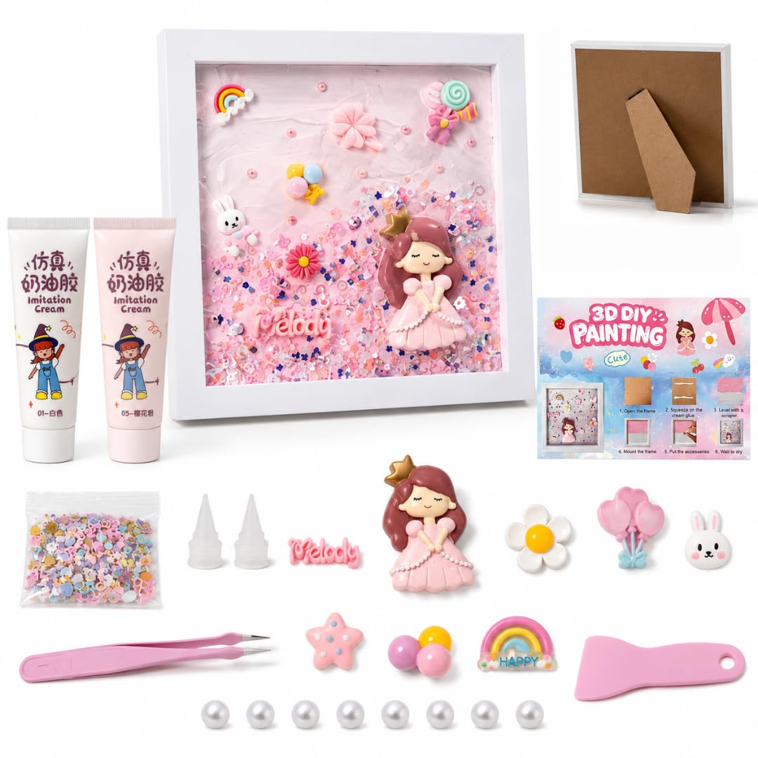 Wanna Party Decoden Whipped Cream Glue Clay DIY Art & Craft Kit, 3D Frame Making Set with Princess Doll, Rainbow, Flowers, Stars & Decorative Accessories, Creative Activity for Kids