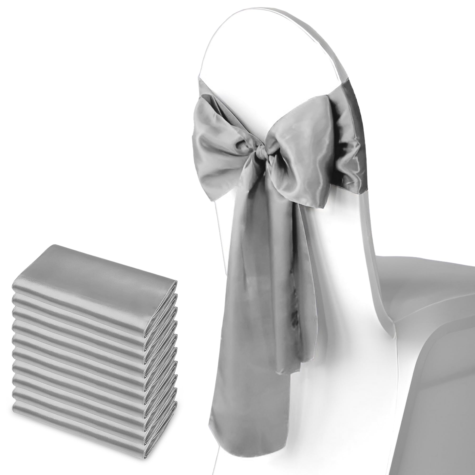 Trimming Shop Silver Satin Chair Sash Wider Fuller Bows Chair Sashes Hammed Edges Bow Back Tie for Wedding Birthday Party Banquet Event Decoration, 10pcs