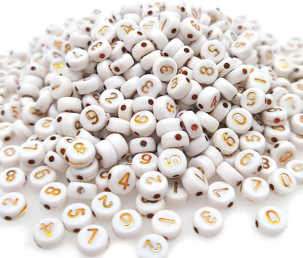 200+ Pieces 4x7mm White Round Acrylic Number Beads 0-9 Mixed Plastic Shape Loose Beads for Jewelry Making Bracelets Necklaces Key Chains (Gold on White)