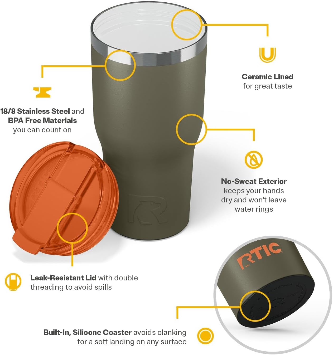 RTIC 30oz Essential Tumbler with Lid, Ceramic Lined, Insulated, Stainless Steel, Metal, Double Wall Vacuum-Insulation, Travel Cup for Iced Coffee, Tea, Hot and Cold Drink, Trailblazer - Image 4