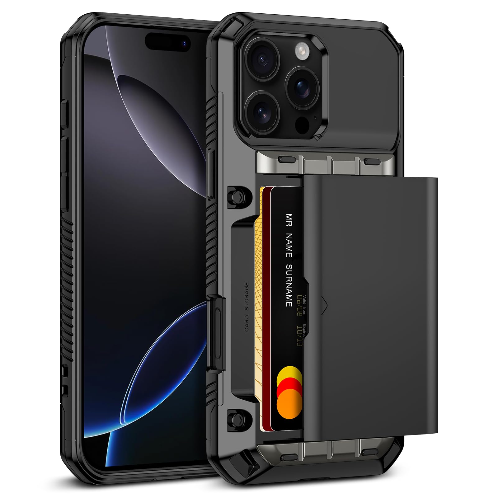 for iPhone 16 Pro Max Case with Card Holder(4 Cards) Heavy Duty Shockproof Military Grade Drop Protection Hidden Card Slot Wallet Case for 16 Pro Max Case for Men Women-Gun