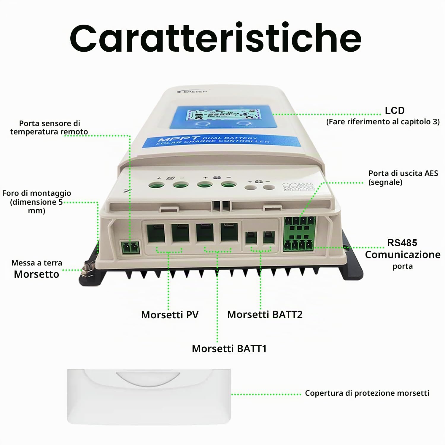 EPEVER® 20A MPPT Regolatore di Carica Solare a doppia Batteria 12V/24V Automatico con Display LCD per Camper barca Rimorchio adatto a Batterie sigillate, al Gel, allagate, al Litio - DR2210N
