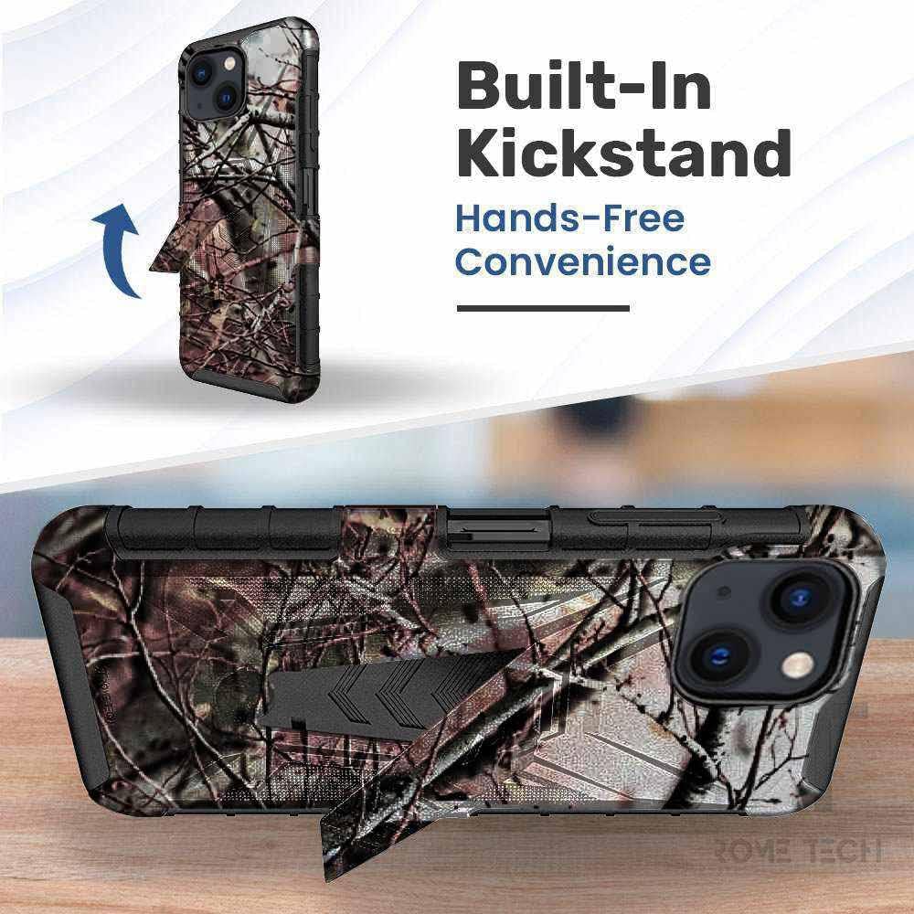 Rome Tech Belt Clip Holster Case for Apple iPhone 14 6.1" (2022) - Dual Layer Shockproof Cell Phone Cover with Kickstand - Heavy Duty iPhone 14 Phone Case with Clip On - Camo Tree