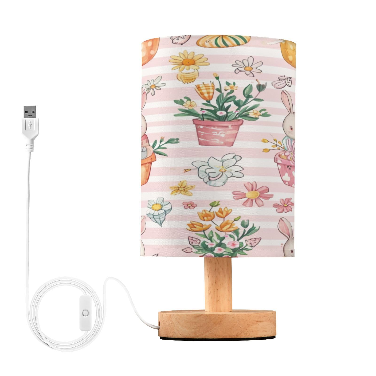 SDMKA Cute Easter Pattern Bedside Table Lamp for Bedroom, Minimalist Nightstand Lamp with Round Fabric Shade for Living Room, Office, No Bulb Required