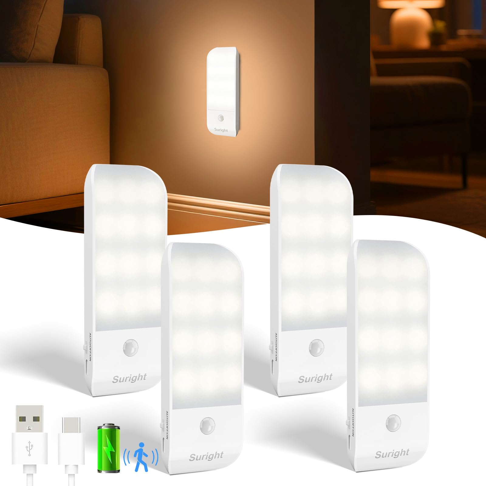 Suright Nachtlicht mit Bewegungsmelder, 4 Stück LED Nachtlicht Typ-C Wiederaufladbar mit 3 Beleuchtungsmodi, LED Nacht Lampe mit Magnetstreifen für Treppe, Flur, Küche, Garage, Warmweiß