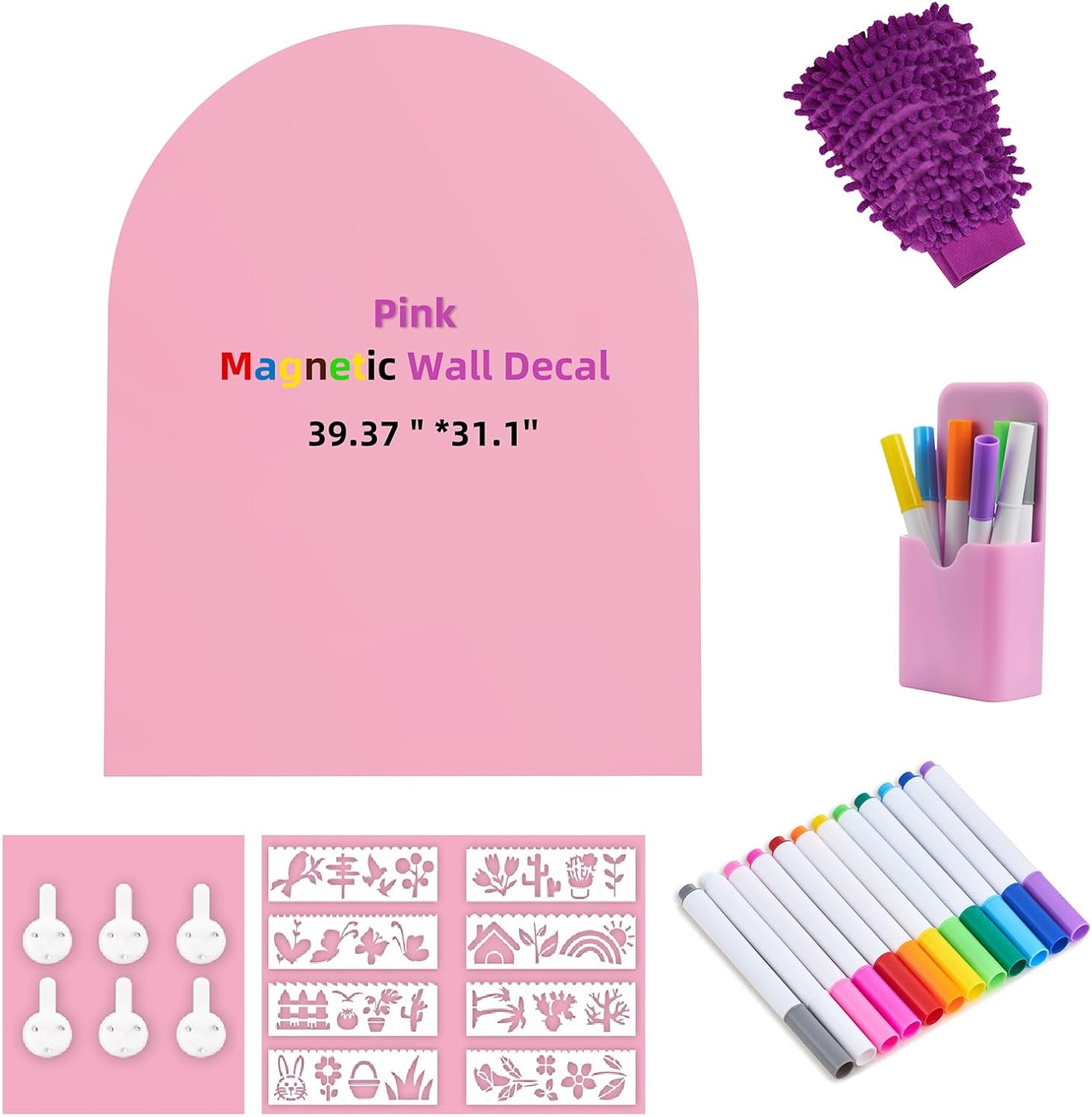 Arch Magnetic Wall Decal, Strong Adhesive+Magnet Strength, Self-Adhesive Magnetic Play Wall Chalkboard Whiteboard Wallpaper for School Home Decor Kids Playroom. 39.37" H x 31.1" W (Pink)