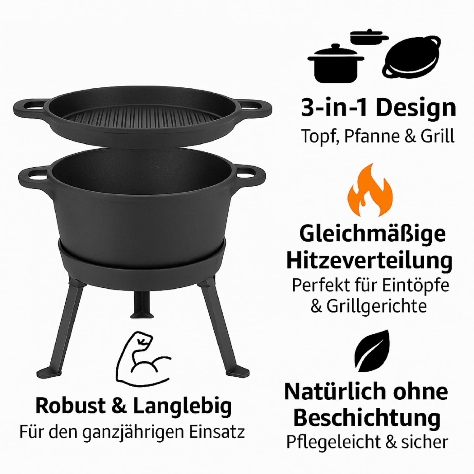 QLS Dutch Oven 10 L aus Gusseisen 3in1 mit Deckel für Camping Outdoor