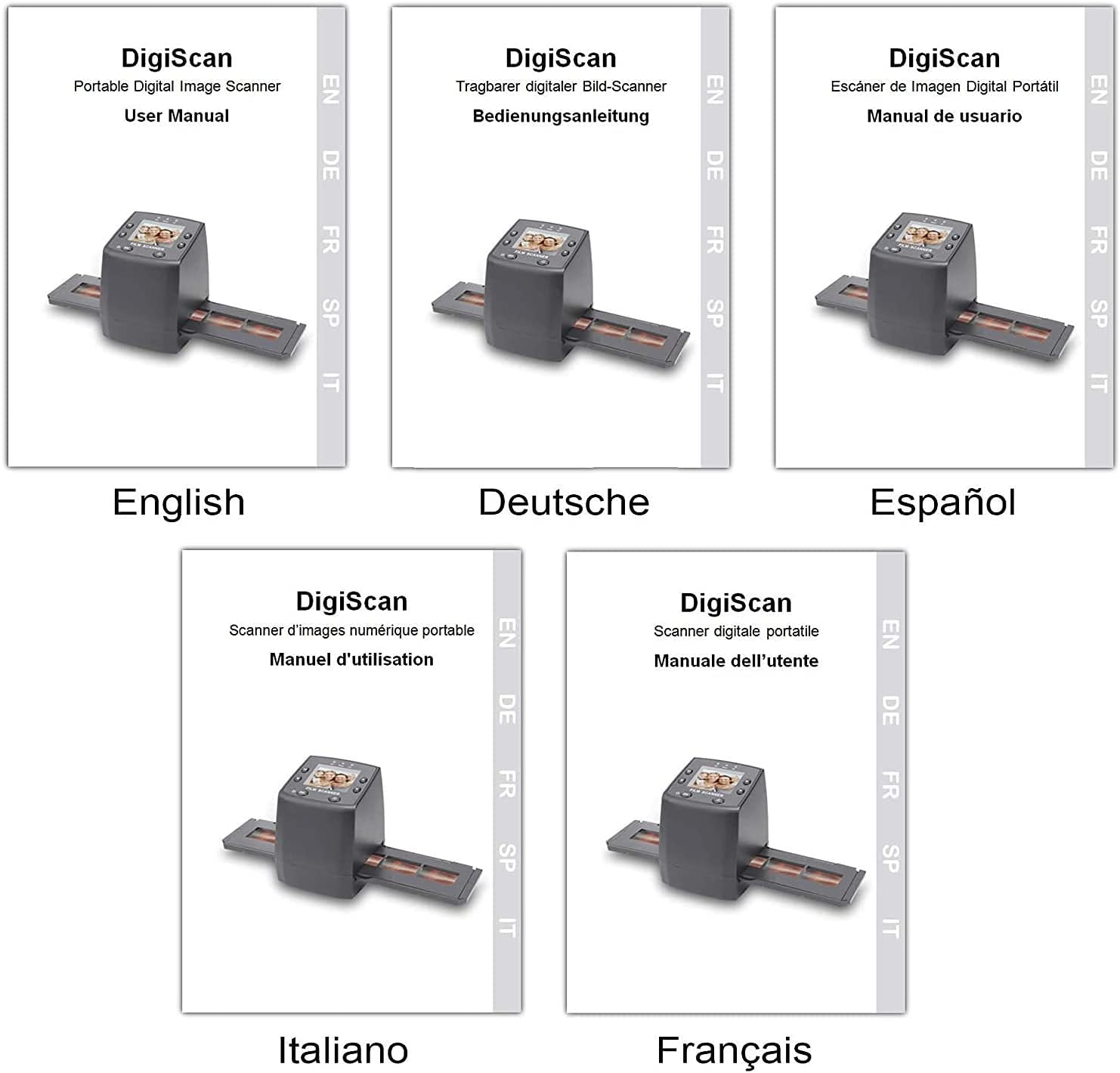 Instruction manuals for DigiScan in multiple languages, including English, German, Spanish, Italian, and French.