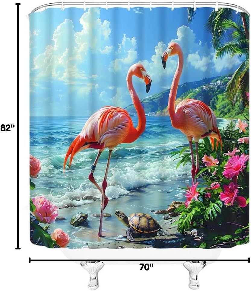 Summer Tropical Beach Shower Curtain Flamingo Palm Tree Leaves Floral Sea Turtle Ocean Seaside Coastal Scene Animal Fabric Bathroom Decor Curtains with Hooks,70 x 82