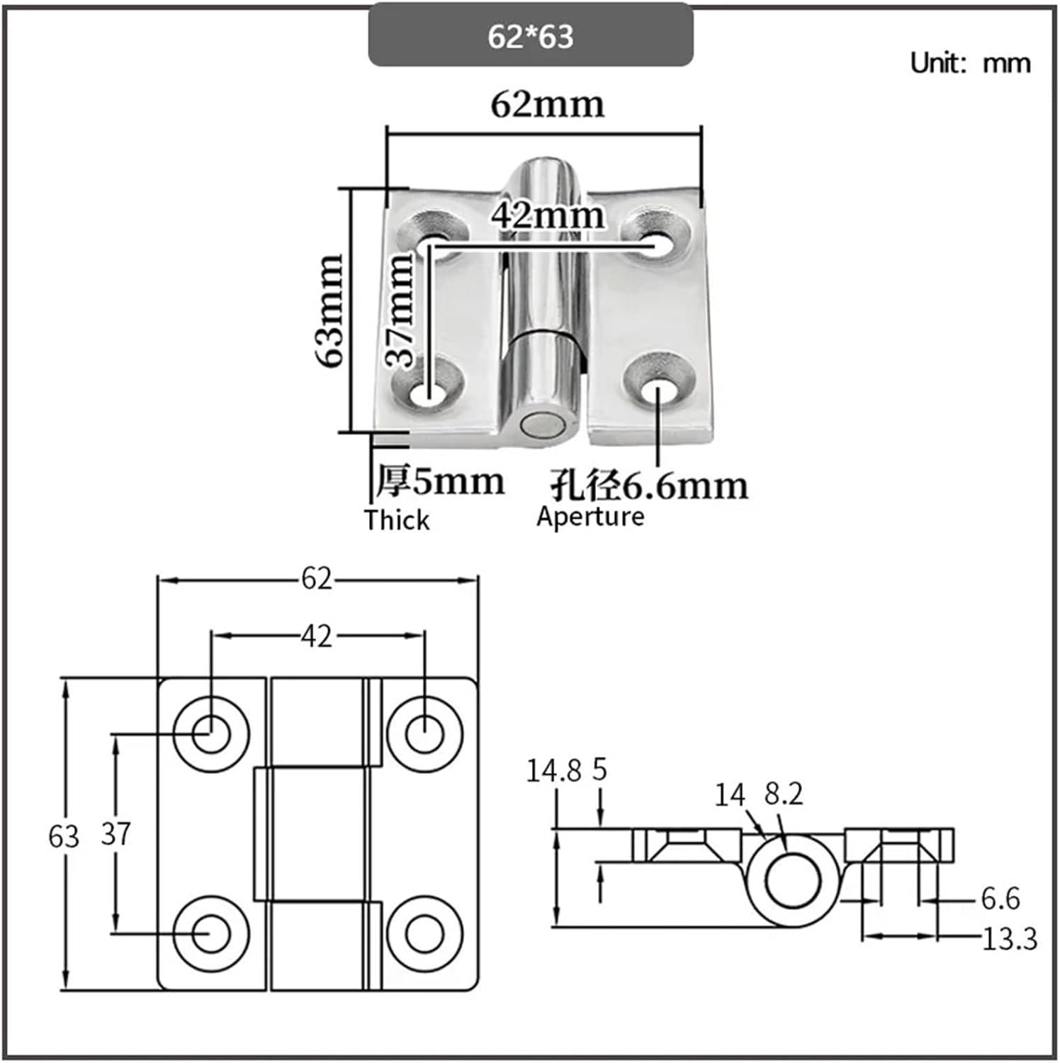 Stainless Steel Thickened Heavy-Duty Hinge Electrical Box Cabinet Flat Folding Hardware 1Pcs(62x63)
