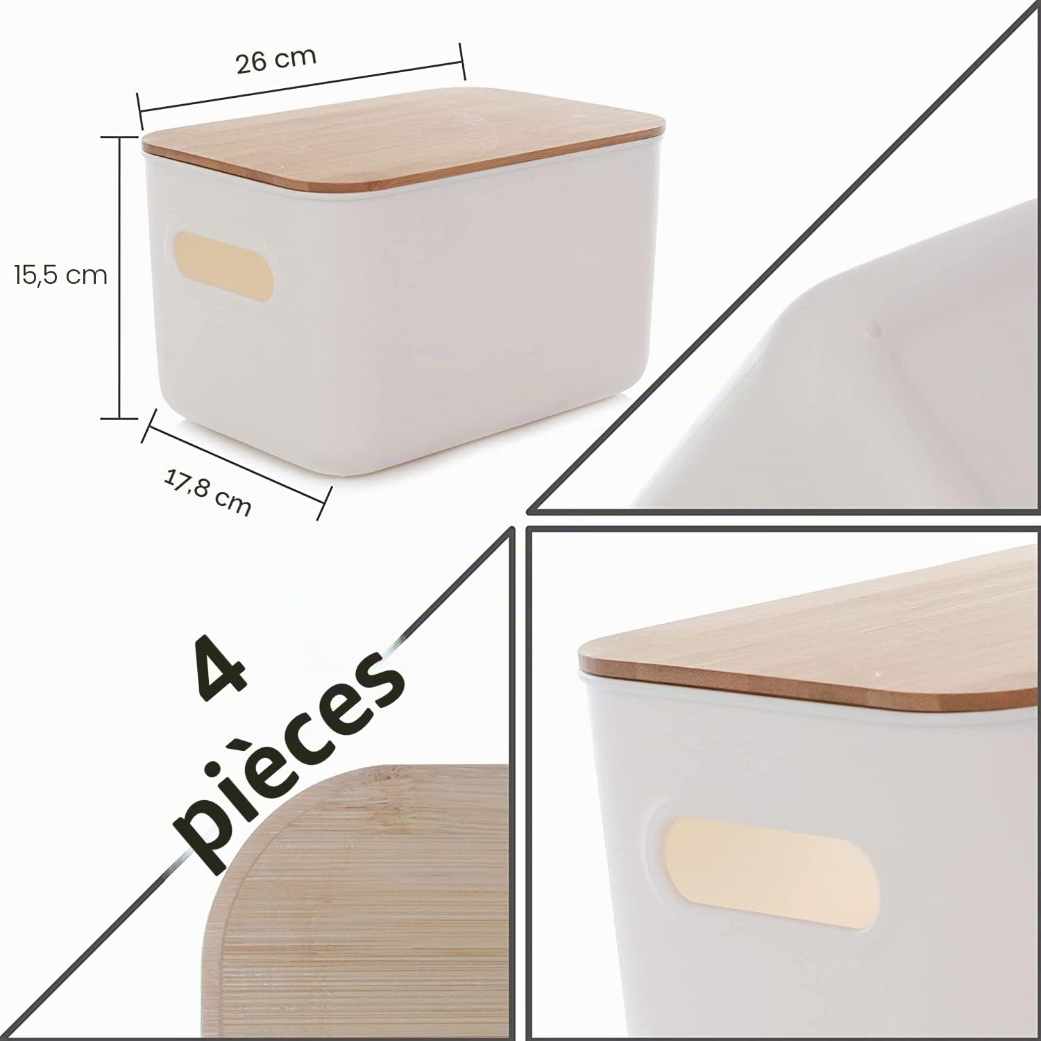 Lot de 4 Boîtes de Rangement 6.5L Plastique avec Couvercle en Bambou Boîtes de Rangement Empilables pour Organiser Panier de Rangement avec Poignées 25,7x17,7x15,8cm,Blanc