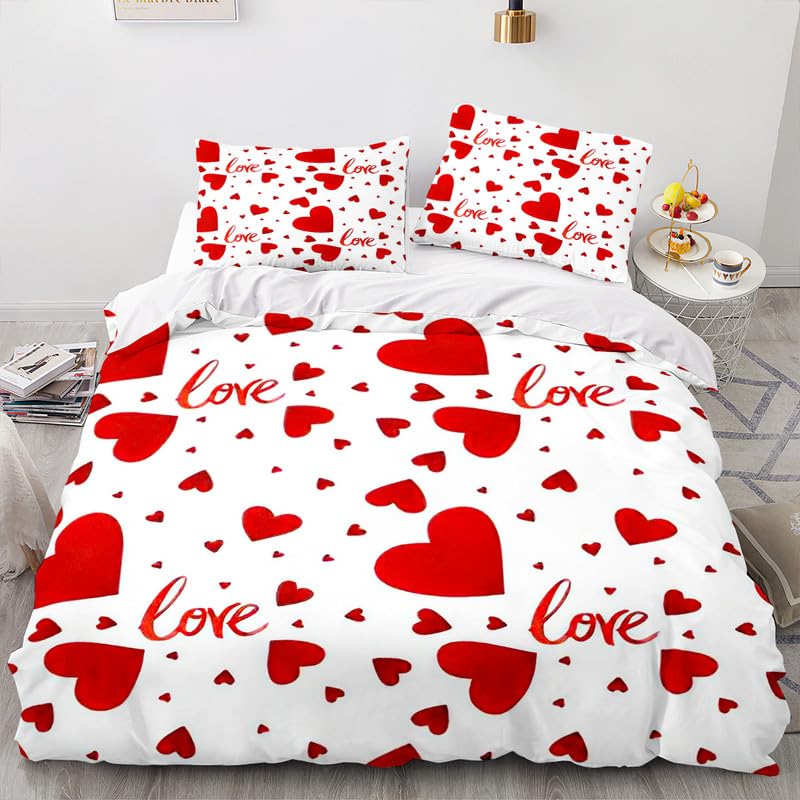 Housse de couette 220x240 coeurs rouges parure de lit adulte microfibre douce avec taies