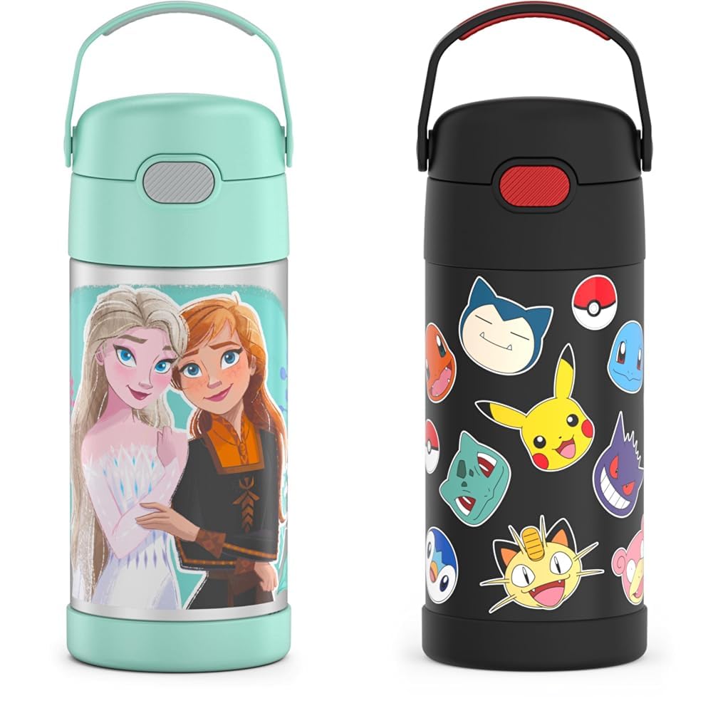 THERMOS FUNTAINER 12 Ounce Frozen 2 and Pok mon Kids Insulated Water Bottles with Straw and Lid