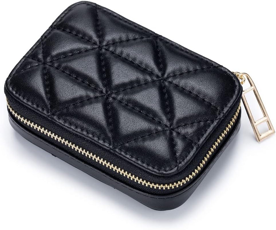 Lipstick Case with Mirror Genuine Leather Zipper Lipstick Holder Box Small Travel Makeup Cosmetic Organiser Storage Kit for Women Ladies (Black)