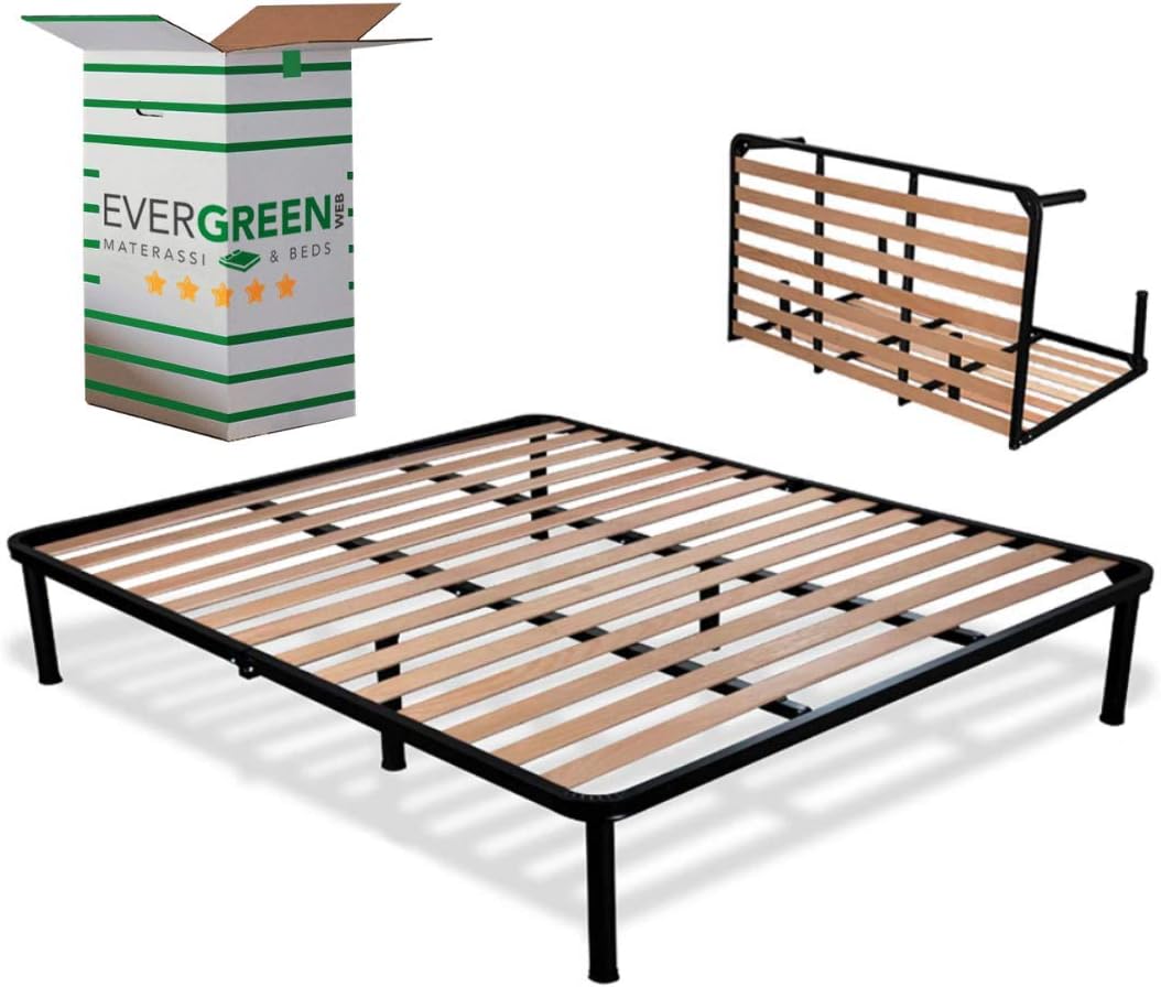 EVERGREENWEB – Folding Double Bed Frame 140x200-35 cm High with strong Iron Frame and Beech Wood Slats, Orthopedic Bed Base FULLY ASSEMBLED + 6 Legs for all Mattresses & Pillows, 100% ITALIAN