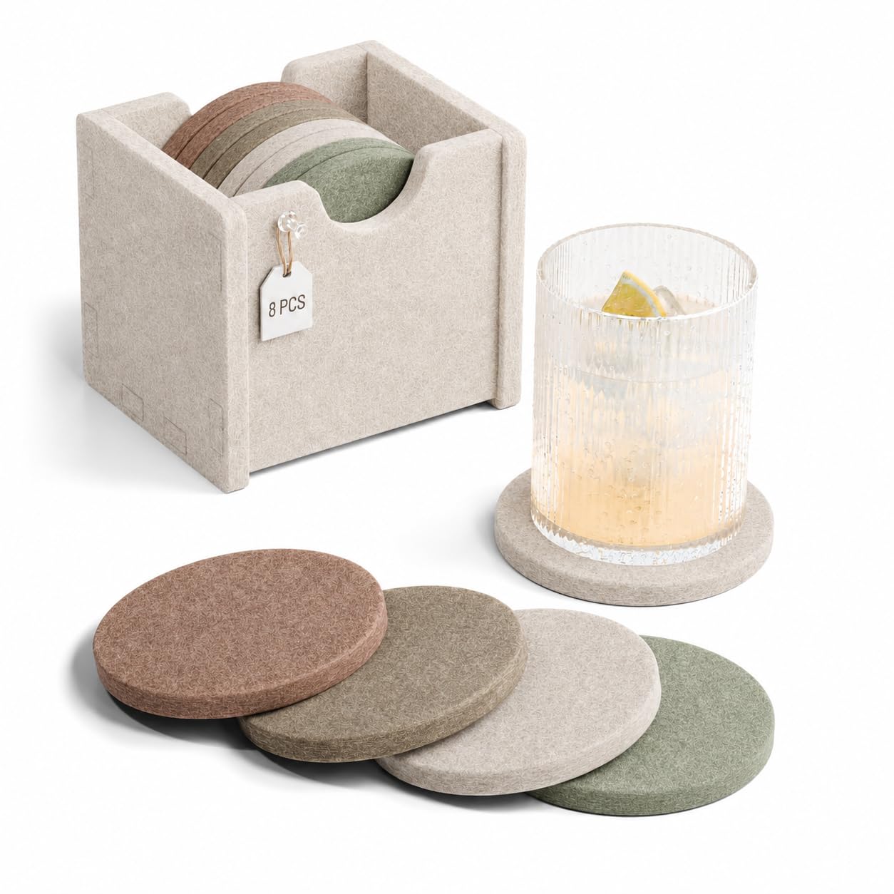 Fluxynara Felt Drink Coasters with Holder, Round, Set of 8, Boho