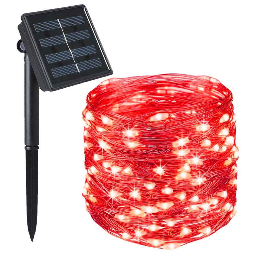 Treer Solar Outdoor Fairy Lights, Solar Powered Copper Wire Garden Lights, Outside IP65 Waterproof Garden Ornaments Outdoor LED String Lighting for Yard Wedding Patio (Red,12m)