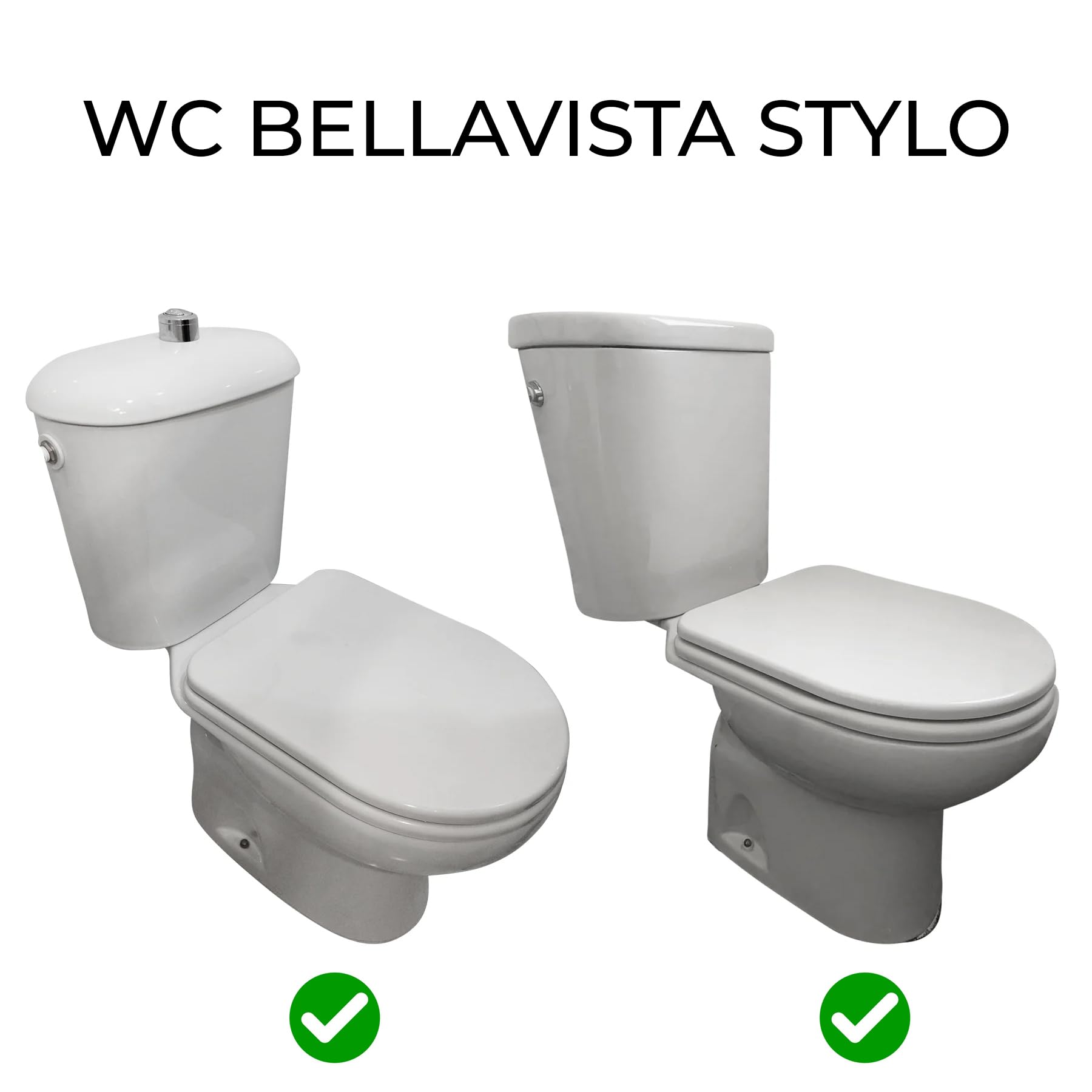 Tapa compatible con WC BELLAVISTA STYLO Blanca. Encaje Perfecto. Fácil Montaje. Bisagra de Acero Inox. Resistente y anti-bacterias. Acabado liso y Brillante. Caída Libre. Fabricada en España