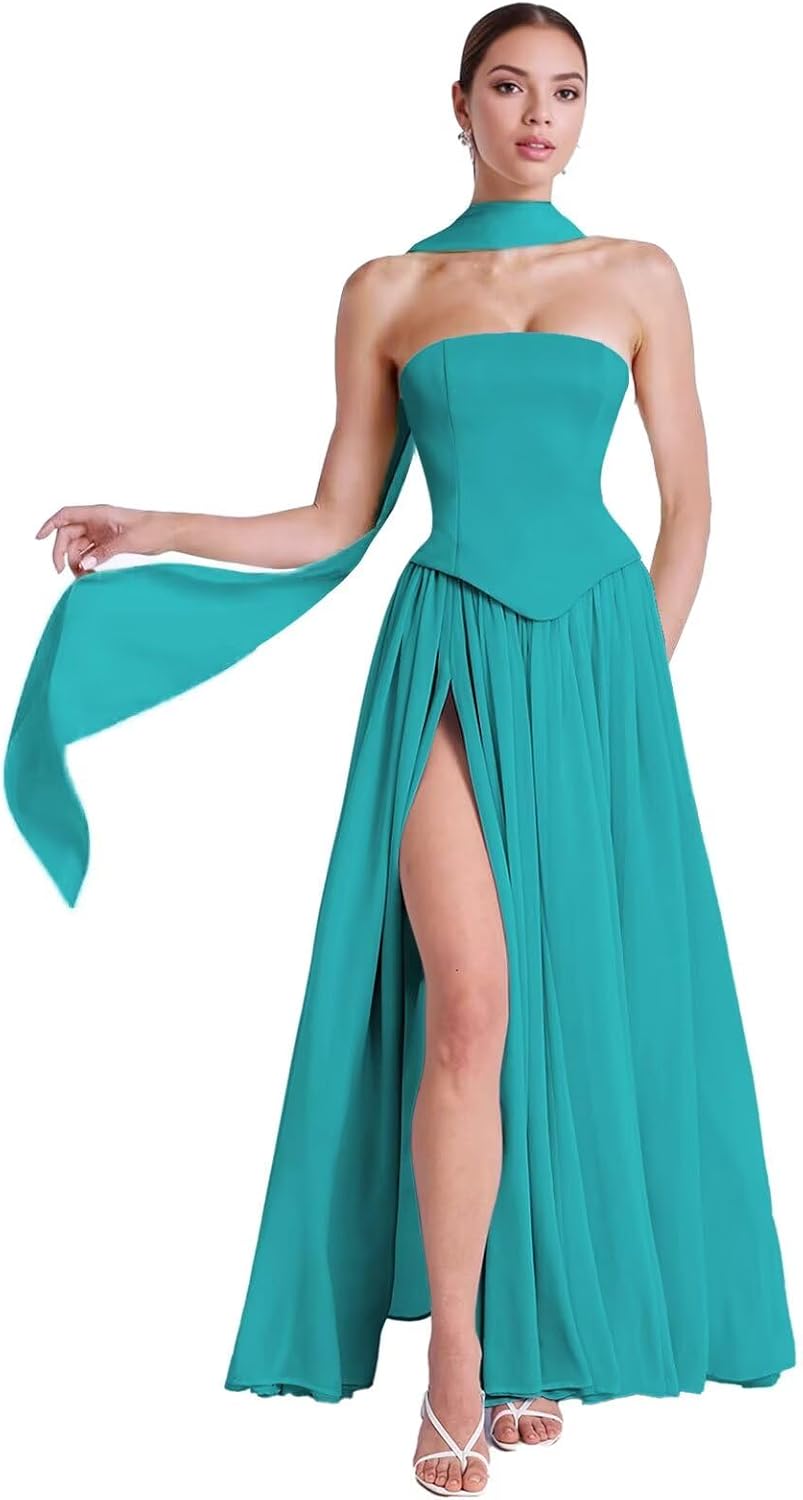 Elegant Strapless Formal Evening Gowns with Scraf Chiffon Pleated A-Line Long Slit Bridesmaid Dresses for Women