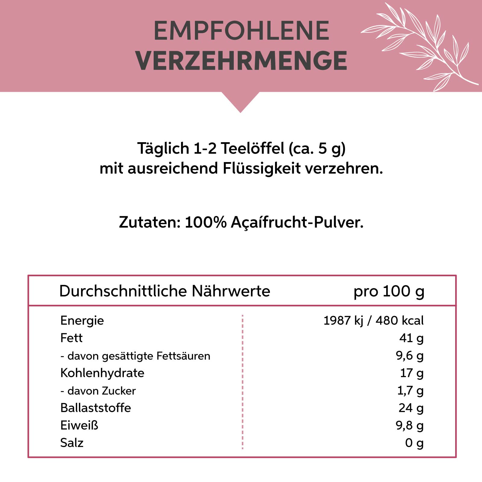 Acai Pulver 500g in Rohkost-Qualität | 100% rein ohne Zusatzstoffe und Vegan | Acaibeeren Pulver ideal für Bowl Smoothie Müsli Saft Sorbet