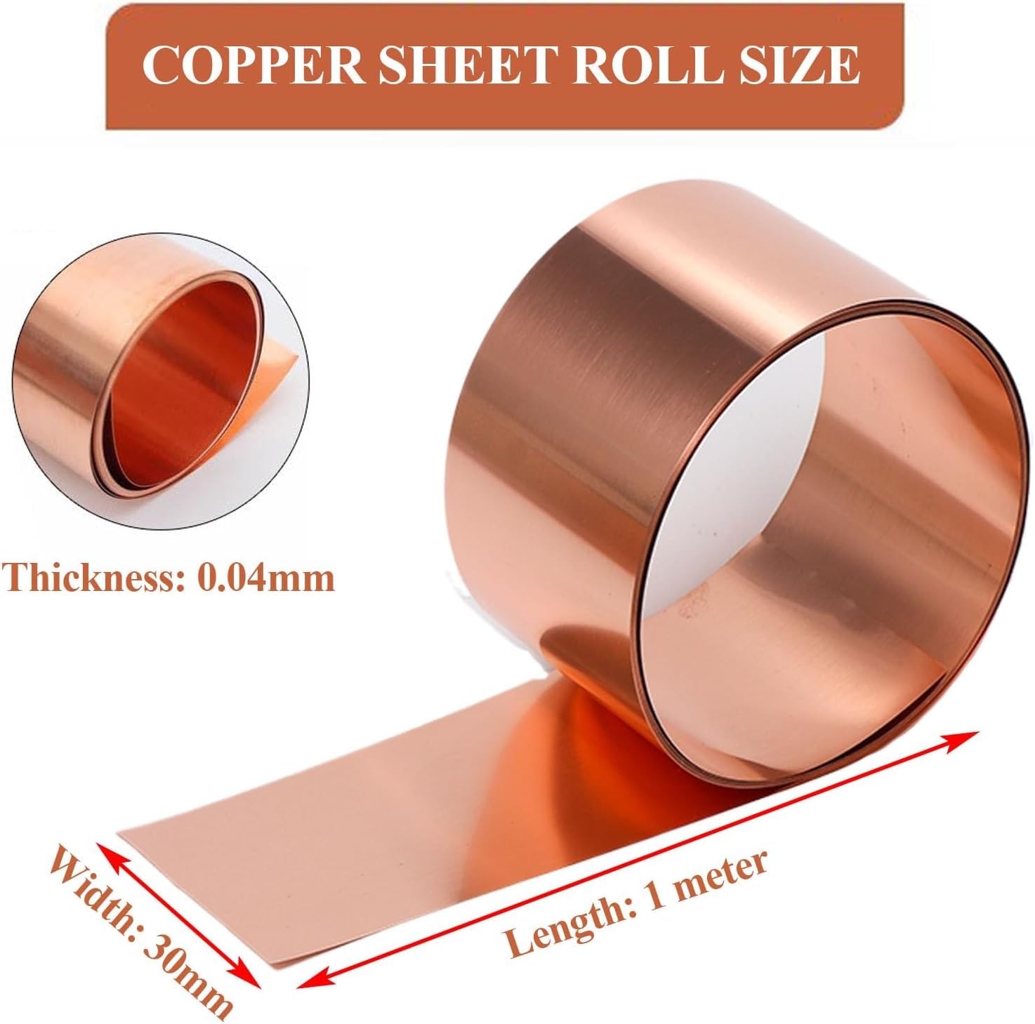 Kupferblechrolle, 1 Meter Kupferblechrolle, Metallfolie, Dicke 0,04 mm, Breite 10–35 mm, geeignet für DIY-Projekte und Heimdekoration (0,04 x 30 x 1000 mm)
