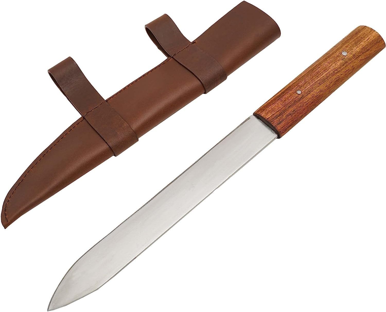 Mythrojan Viking Norse Carbon Steel Blade Knife Hand Forged Seax Knife with Wooden Handle, Leather Sheath for Medieval Events, Reenactments, Renaissance Fair, Cosplay Costume - 18 Inches