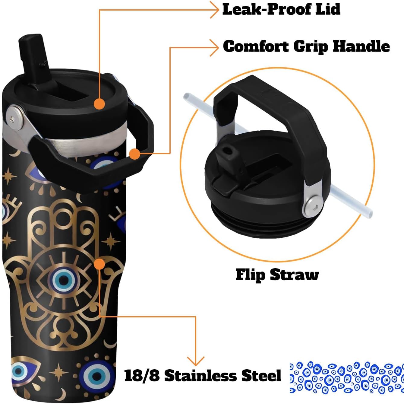 30oz Evil Eye Tumbler with Handle and Flip Straw, Evil Eyes Hand Stainless Steel Insulated Cup, Travel Coffee Mug Water Bottle, Birthday Gifts for Women Men