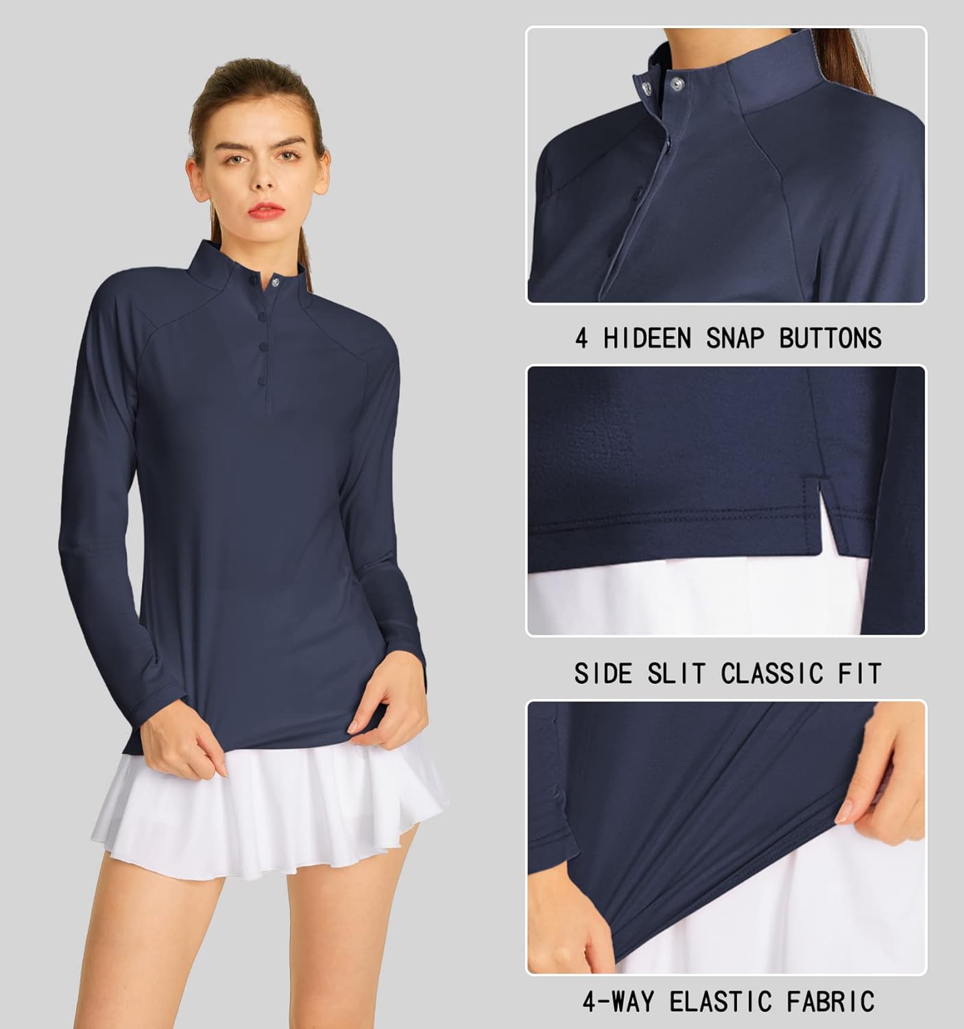 CQC Women's Long Sleeve Golf Polo Shirts Moisture Wicking Quick Dry Athletic Shirts with Buttons UPF 50+ Tennis Sports Tops Blended Black M