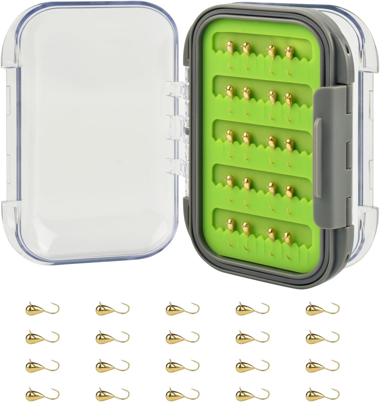 20 Pcs Tungsten Ice Fishing Jigs Kit, 2.7/3.2/4/5/5.5/6mm Teardrop Ice Fishing Lures Jigs for Crappie Panfish Walleye with Waterproof Two-Sided Jig Box