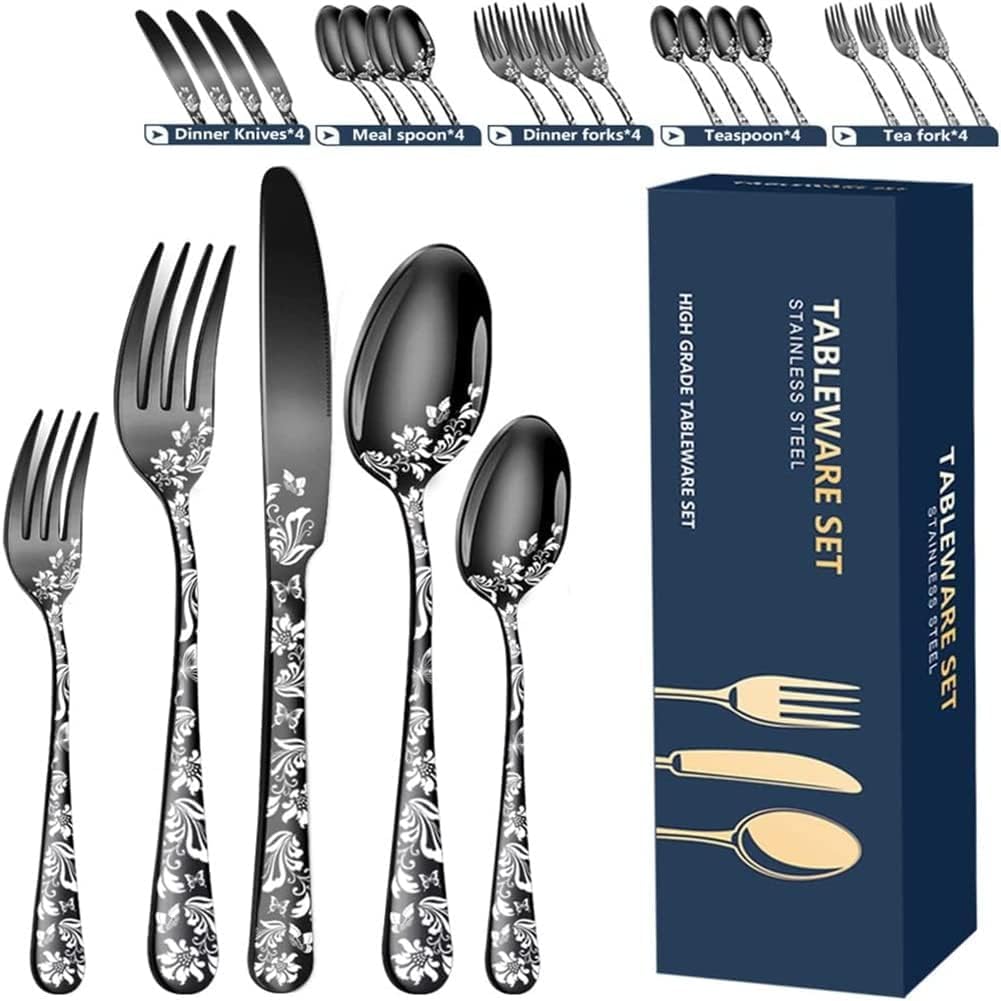 Set di da tavola in acciaio per 4 persone, nere con coltello, forchetta, cucchiaio, da, coltelli da bistecca, lavabili in lavastoviglie