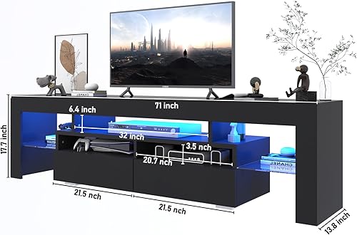 Miniatura 2 de Soporte de TV con 16 luces LED de color, consola multimedia con cajón y estante abierto de vidrio para TV de 657585 pulgadas, moderno centro de