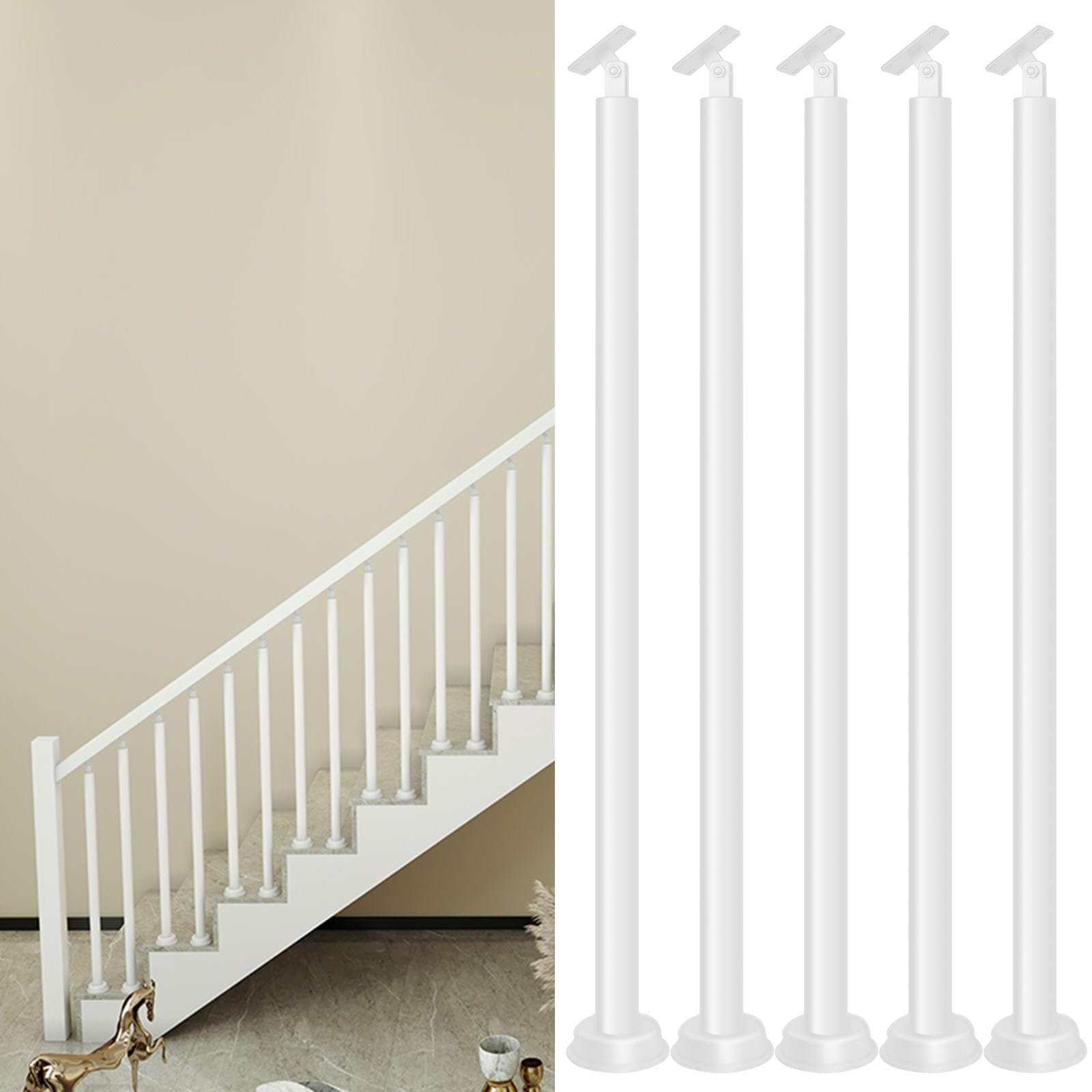 WLCGYD Stair Balusters Round White 1 2 3 5 Pack, Floor Mounted Staircase Spindles Post & Bannister Set With Adjustable Top Brackets for Wide Steps & Narrow Treads(5 pcs,28in/71.1cm)