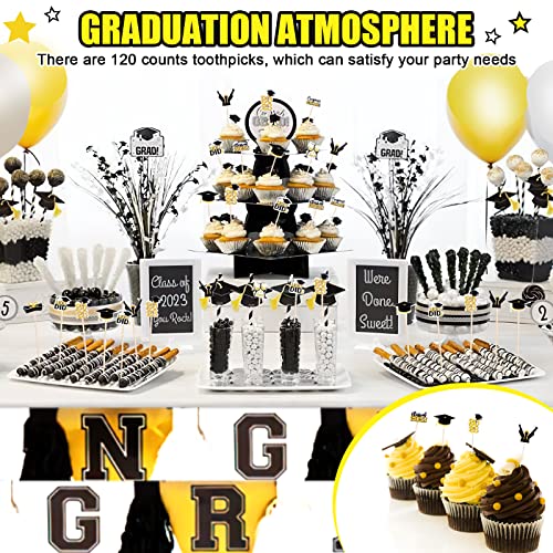 120 Pcs Graduation Cocktail Picks, 5.12 Inch Graduation Bamboo Toothpicks Wooden Cocktail Sticks For Graduation Appetizers Food Drinks Charcuterie Accessories #TOP3