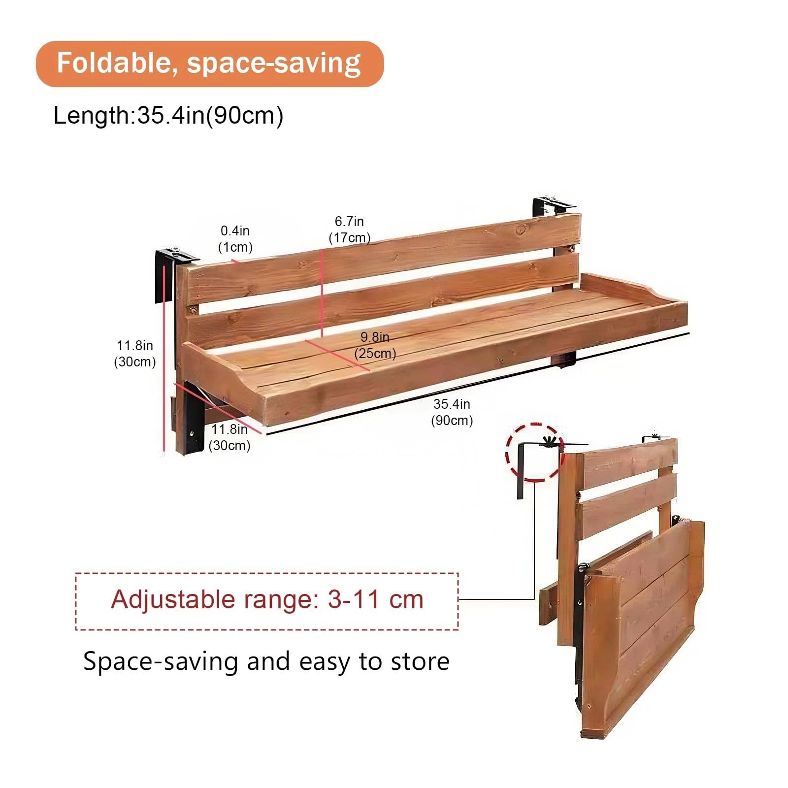 Verstellbarer Klappbarer Balkongeländertisch, Hängender Holz-Beistelltisch für Geländerstärken 3-11cm, Outdoor Pflanzentisch & Serviertisch für Balkon, Terrasse und Garten(Size:90x30cm)
