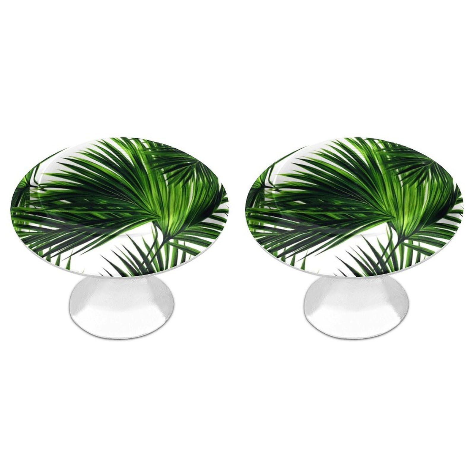 QMNLKH Palm Tree Green Leaves Cabinet Knobs for Home, Round Drawer Pulls for Kitchen, Personalized Cupboard Handles with Screw, Fashion Dresser Knobs for Office, Drawer Handles, 2 Packs