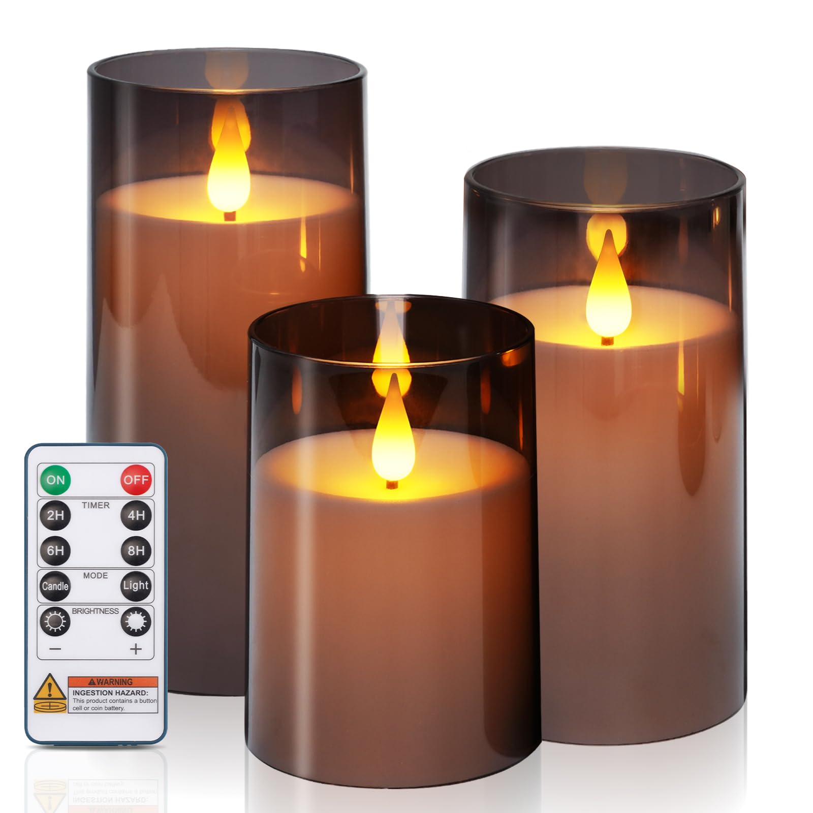 Homemory Gray Flameless Candles, Battery Operated Acrylic LED Pillar Candles with Remote Timer, Realistic Flickering Fake Candles for Home Decor, Wedding, Party, Halloween Decorations, Set of 3