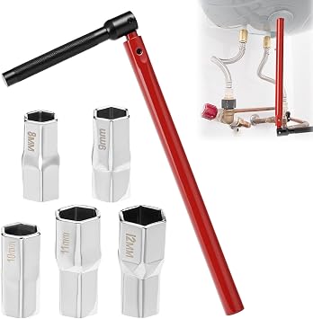 QWORK  8-13mm Adjustable Faucet Wrench Kit, Tap Spanner with Changeable Sockets, Steel Box Spanners for Taps
