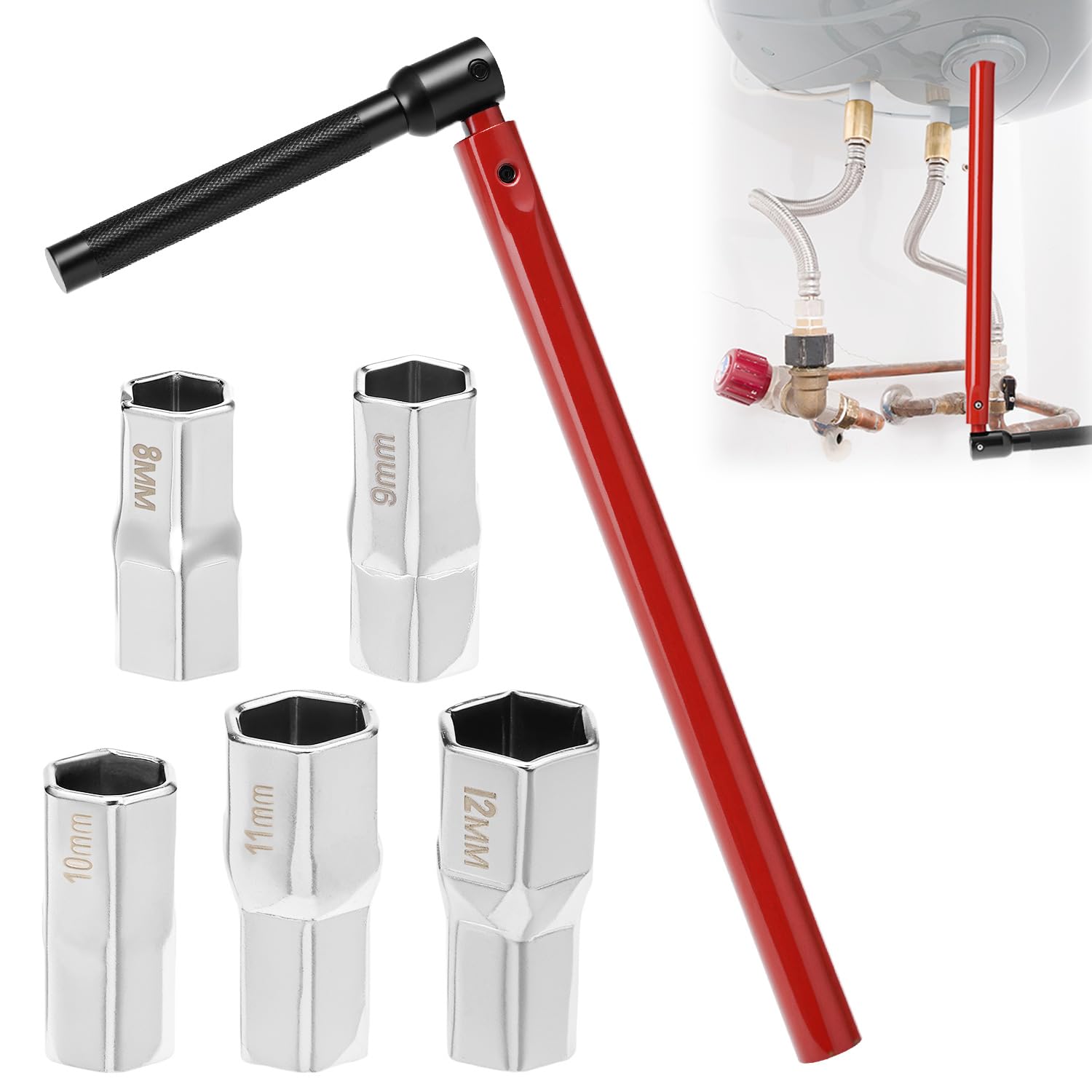 QWORK® 8-13mm Adjustable Faucet Wrench Kit, Tap Spanner with Changeable Sockets, Steel Box Spanners for Taps