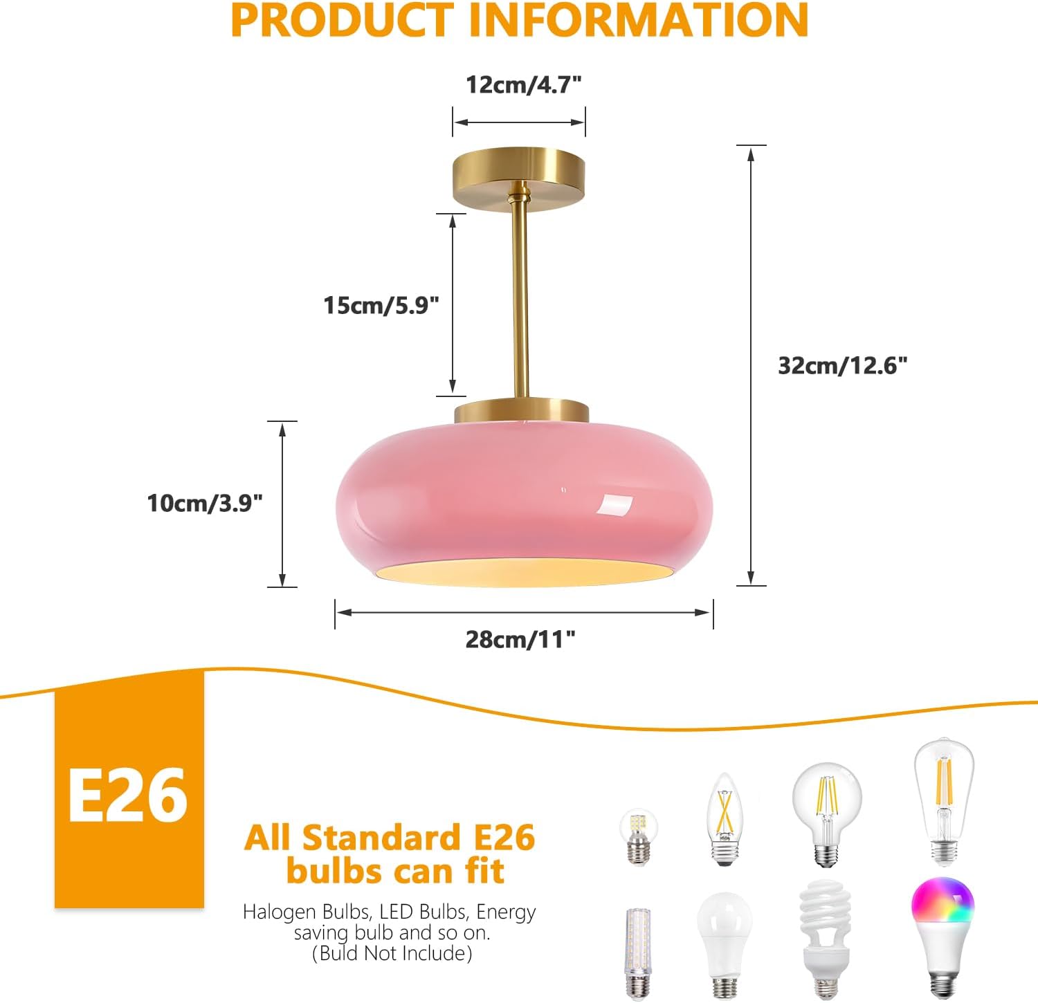 BOKT Brass Pink Semi Flush Mount Ceiling Light Modern Open Glass Ceiling Light Fixture 2-Pack Mid-Century Dome Close to Ceiling Lamp for Bedroom Kitchen Living Entryway