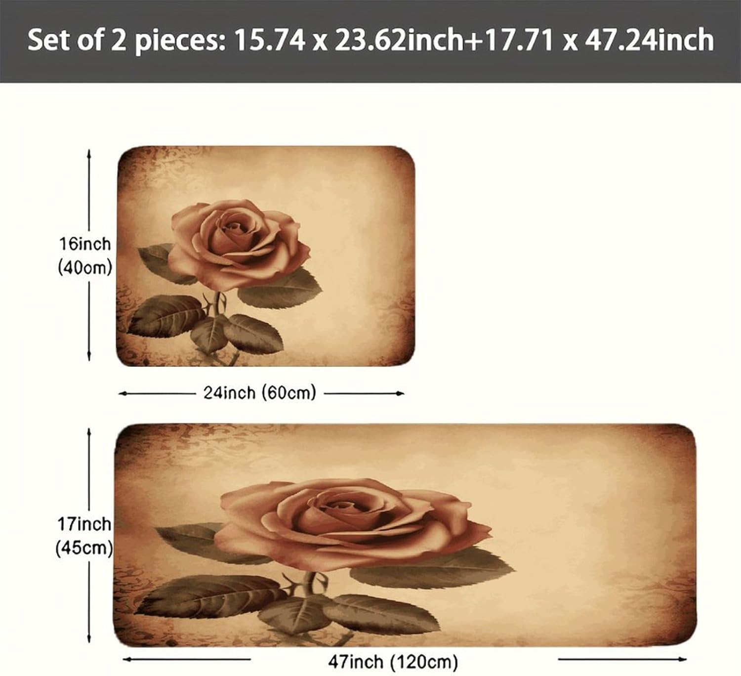 Vintage Rose Kitchen Mat Set of 2 Ergonomic Comfort Velvet Rugs Cushioned Anti-Fatigue Non-Slip Standing Mats Thick Kitchen Floor Mat Carpet Runner Rugs 16"×24"+17"×47"
