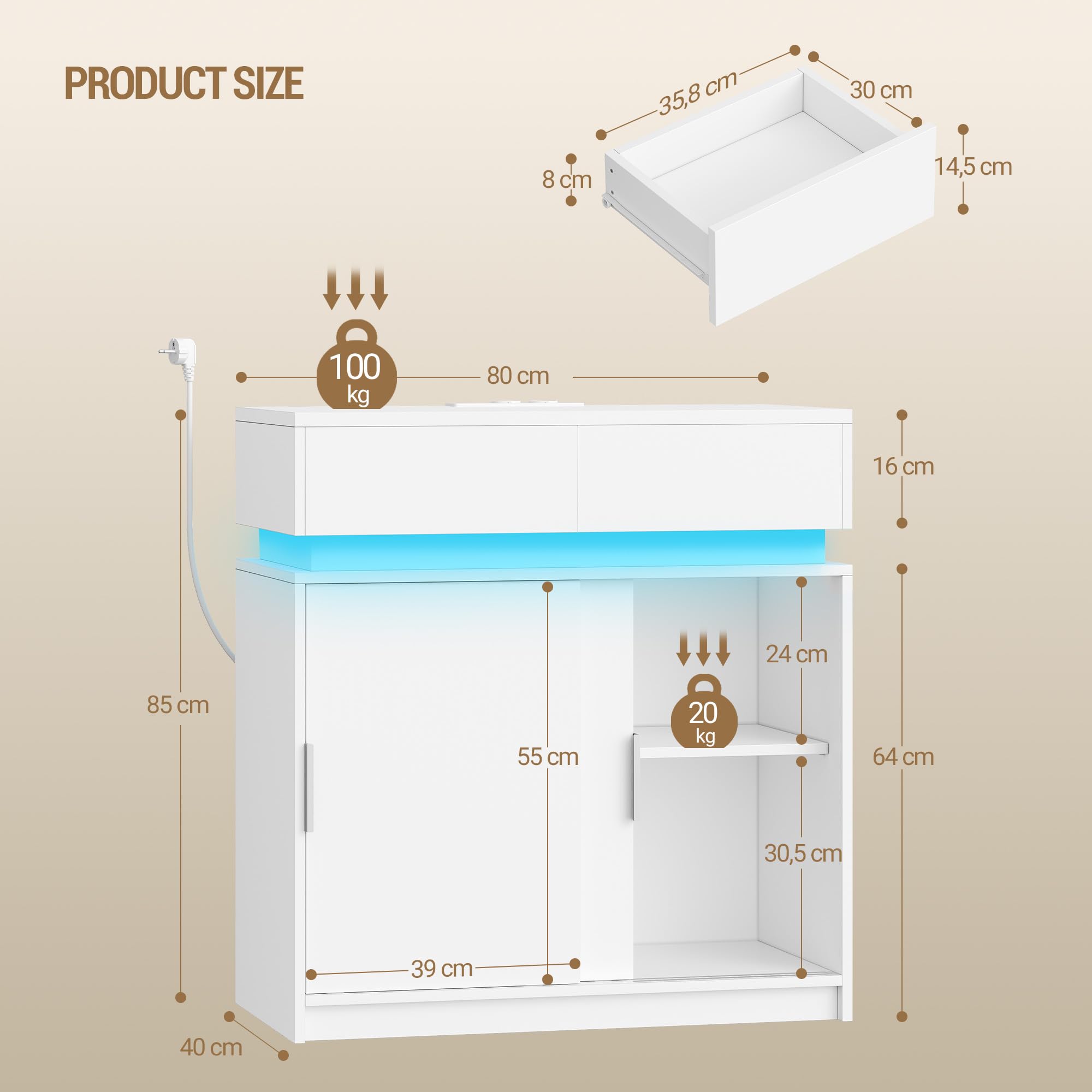 Hzuaneri Aparador, Armario de Cocina con 2 Puertas Corredizas, 2 Cajones, Regleta y Tira de Luces LED, Estantes Ajustables, Estilo Moderno, para Cocina o Salón, 40 x 80 x 85 cm, Blanco SC00203XEU