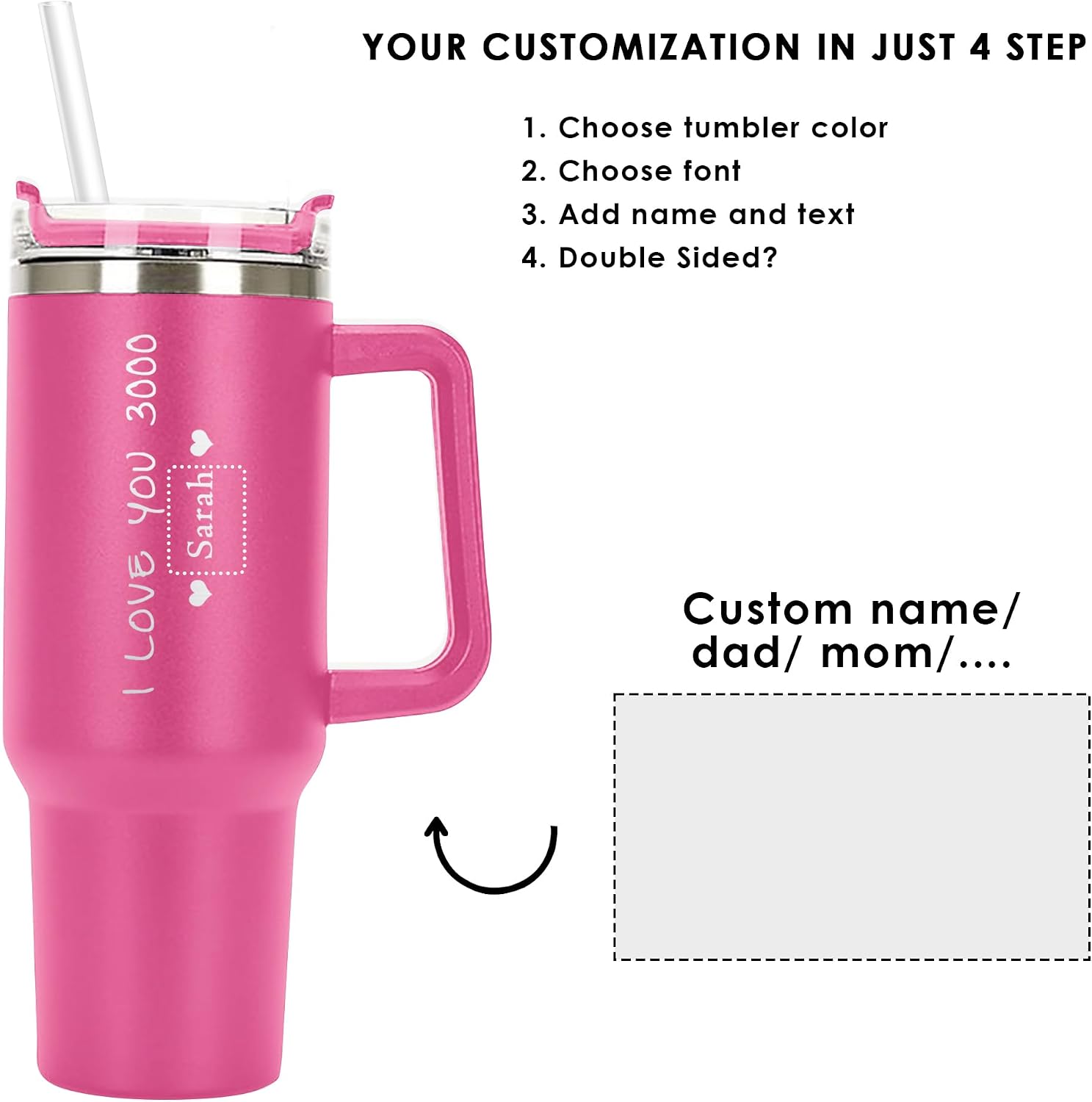 Personalized Tumbler 40 oz Laser Engraved, I love you 3000 Insulated Cup with Handle, Lid and Straw, Gift for women Valentines Day, Gifts for Friends Female, Birthday, for Wife Girlfriend Bride, Wifey