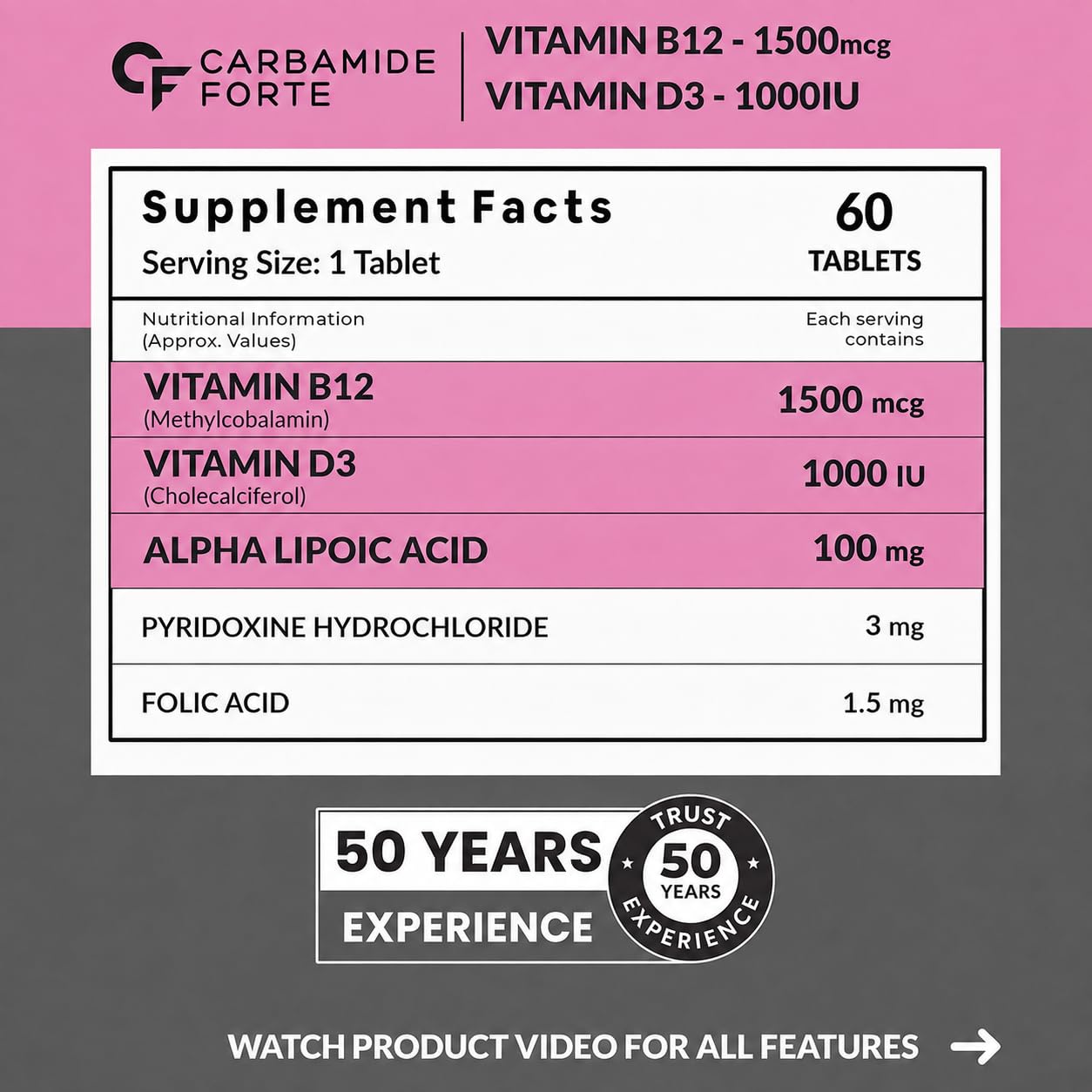 Carbamide Forte Vitamin B12 1500mcg with Vitamin D3 | Vitamin B12 Supplements for Men & Women | Methylcobalamin 1500 mcg with Vitamin D Tablets - 60 Tablets — Amazon image 2