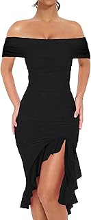 Women's Sexy Off The Shoulder Bodycon Midi Dresses Elegant Ruched Ruffle Hem Cocktail Party Dress - Buy now