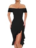 Women's Sexy Off The Shoulder Bodycon Midi Dresses Elegant Ruched Ruffle Hem Cocktail Party Dress