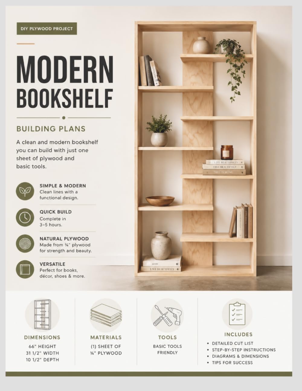 Modern Bookshelf Building Plans: Step-by-Step DIY Plywood Bookshelf Project with Cut Lists, Materials, Tools, Dimensions and Assembly Instructions